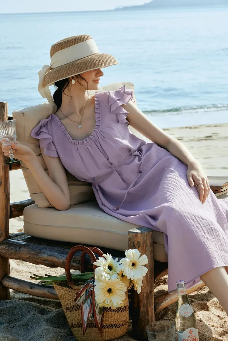 Lavender Ruffle Scoop Neck Beach Midi Dress