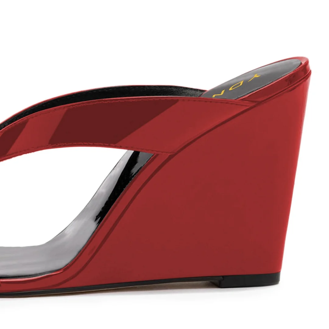 Patent Leather Open Toe Slip-On Wedge Sandals for Women in Red