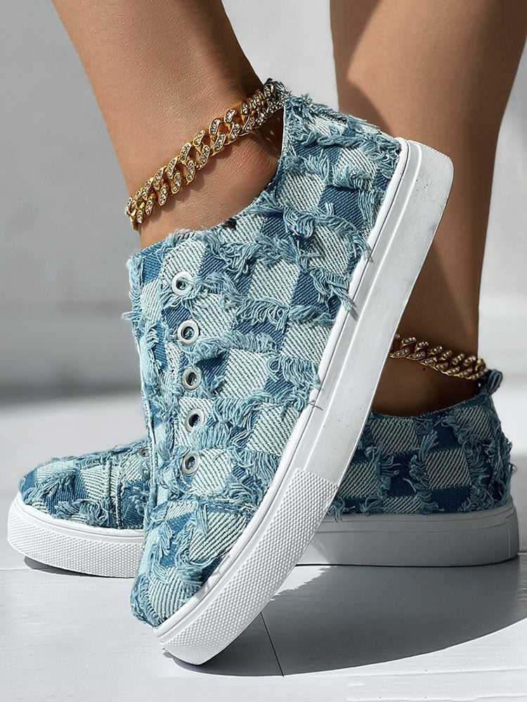 Checkerboard Raw Trim Denim Sneakers - ECHOINE