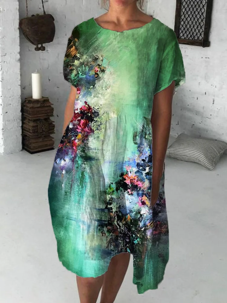 Abstract Flowers Oil Painting Midi Dress