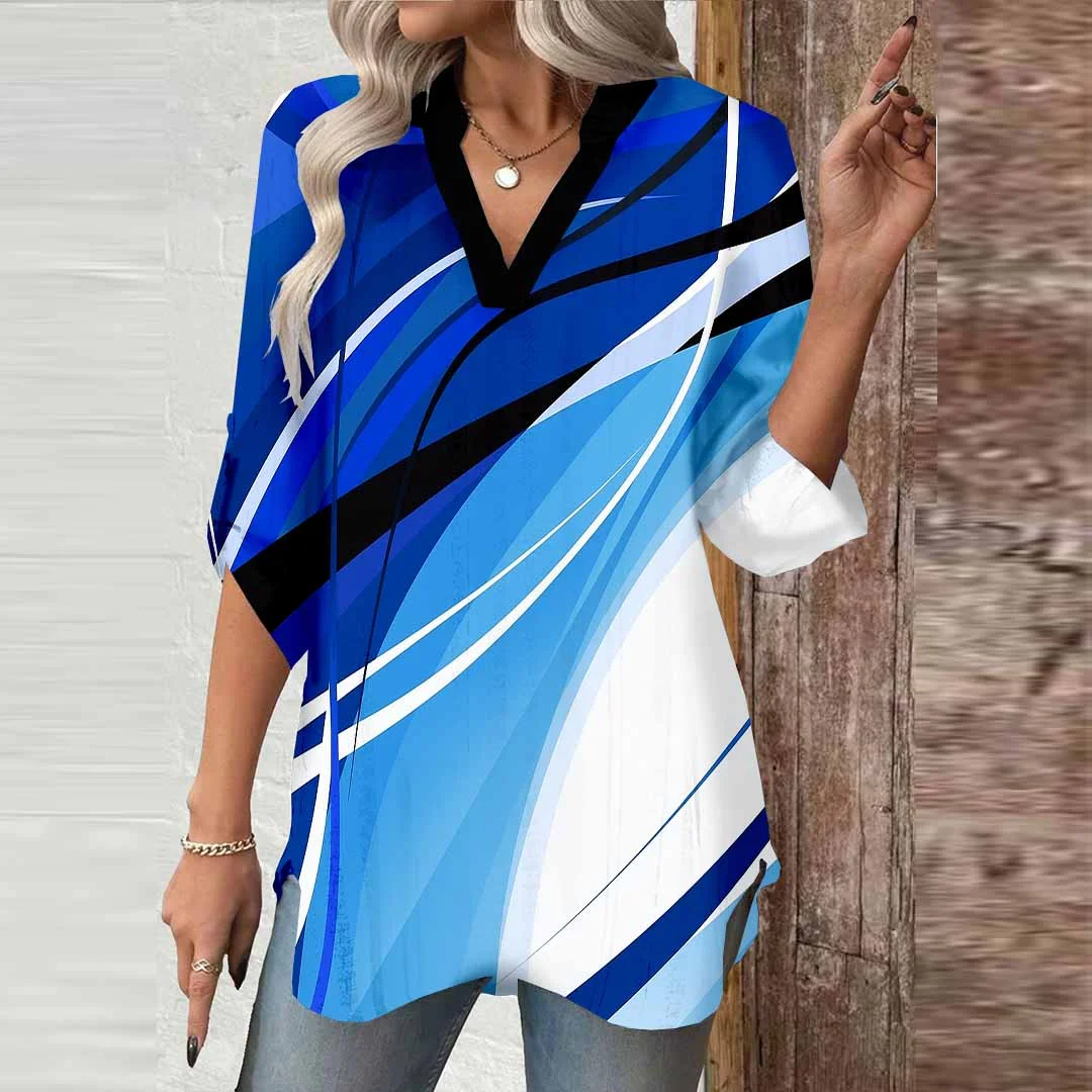 Women Geometric,Blue DZGA0673 3/4 Sleeve V-neck Printed Graphic Button Tops