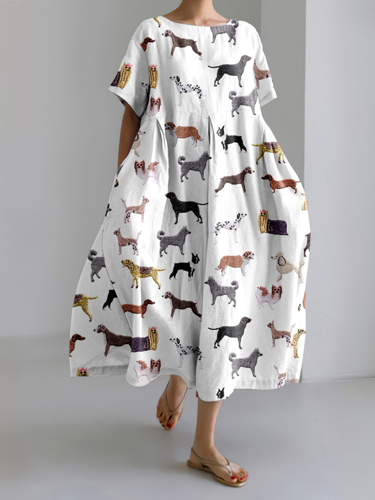 Comstylish Dog Print Crew Neck Short Sleeve Midi Dress
