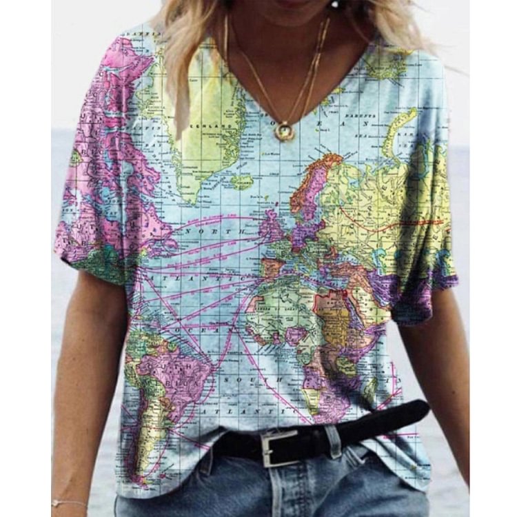 Artwishers Fashion Casual Map Print T-shirt