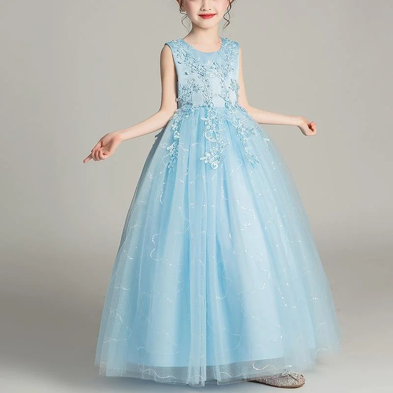 Kids Dresses For Girls Flower Ball Gown Birthday Wedding Party Princess Banquet Summer Sleveless Children's Long Dress