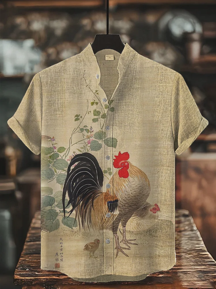Herren H&auml;hnchen Bedrucktes Hemd der japanischen Kunst