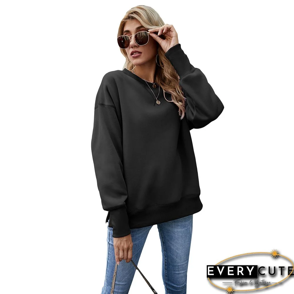 Black Side Split Fleece Pullover Sweatshirt