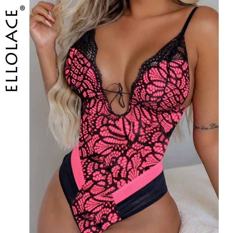 Ellolace Sexy Deep-V Lace Bodysuit Patchwork Bodycon Backless Bodies For Women Summer Sleeveless Pink Sexy Fitness New Top