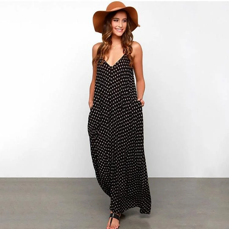 Women Summer  Deep V Sexy Large Swing Dress Loose Wave Multi-color Optional Strap Dress