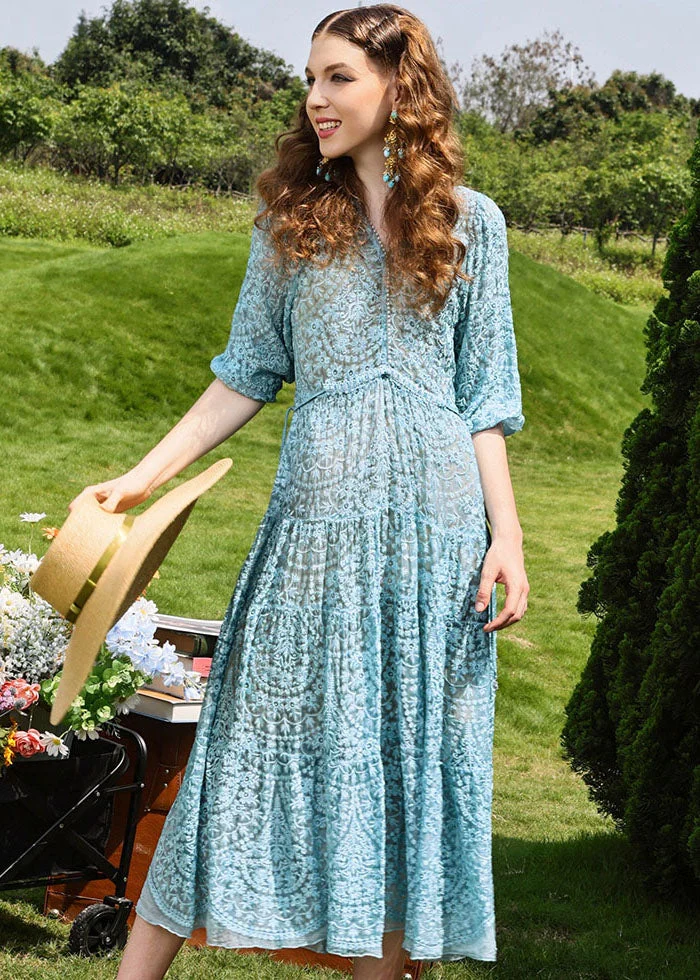 Brief Sky Blue Embroideried Floral Hollow Out Silk Long Dresses Half Sleeve