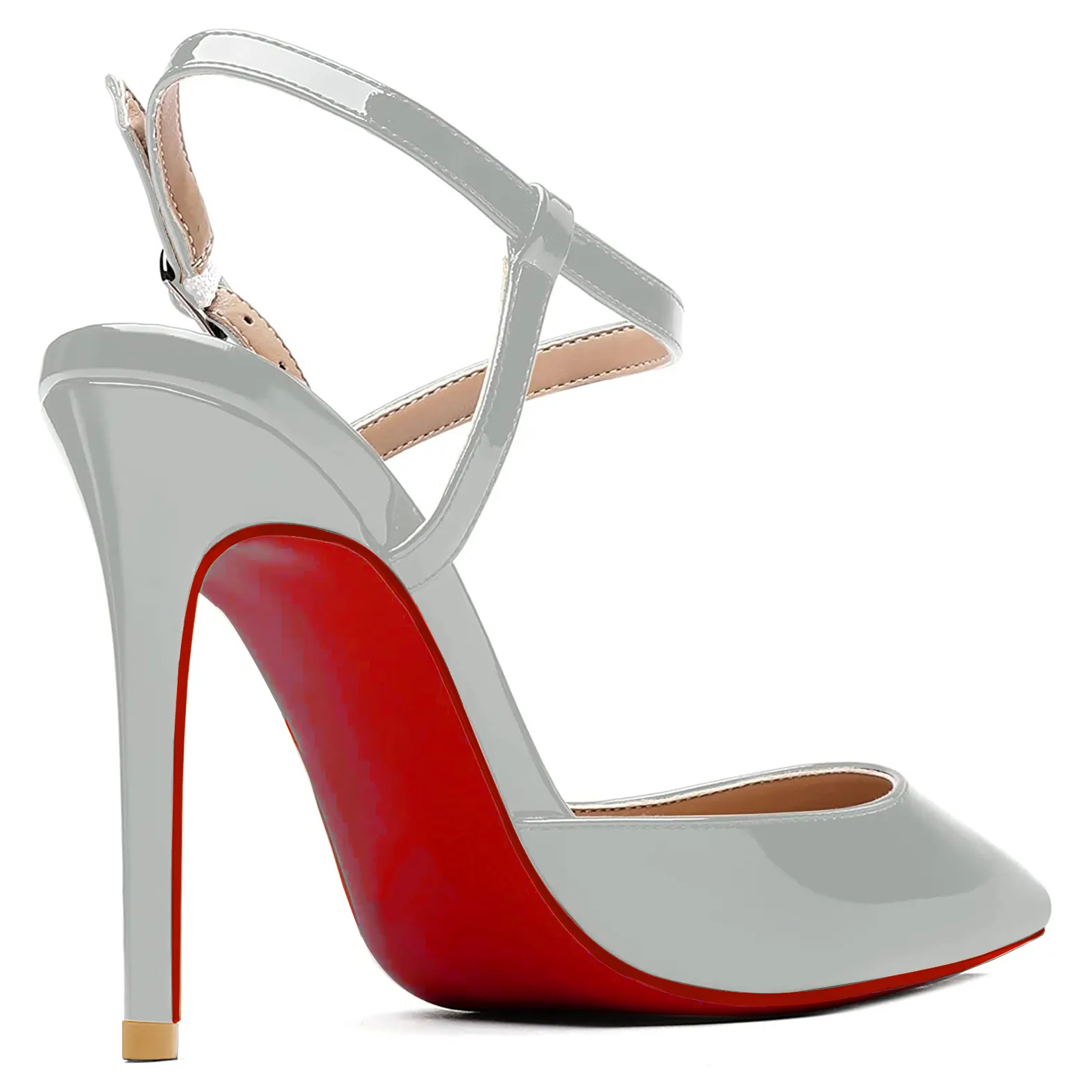 100mm Women Slingback Patent Pumps Ankle Strap Jenlove Stiletto Mid Heel Close Pointed Toe Dress Red Bottoms Shoes
