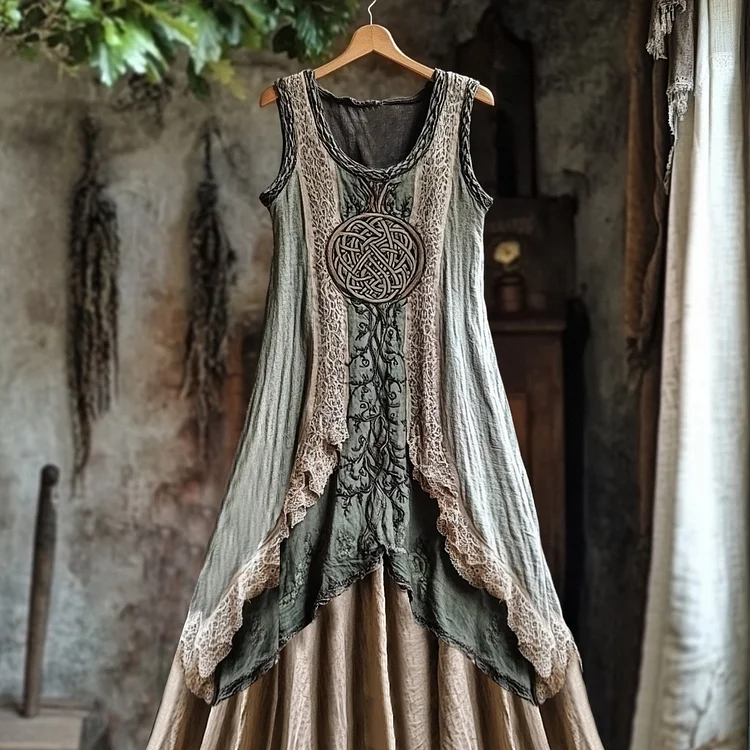 Utbros Tribal Celtic Knot Plant Embroidery Lace Patchwork Art Linen Tank Dress