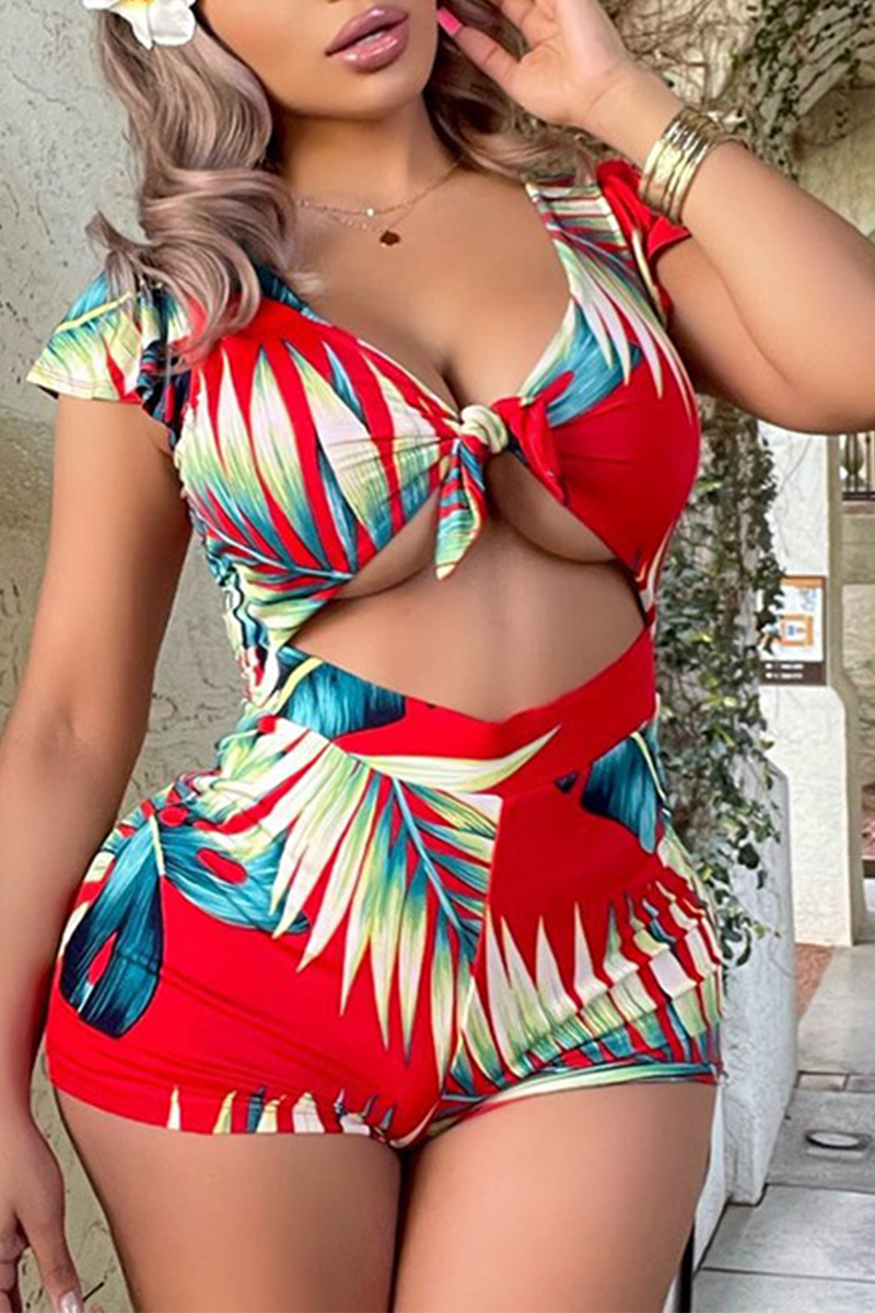 Sexy Print Split Joint V Neck Skinny Jumpsuits