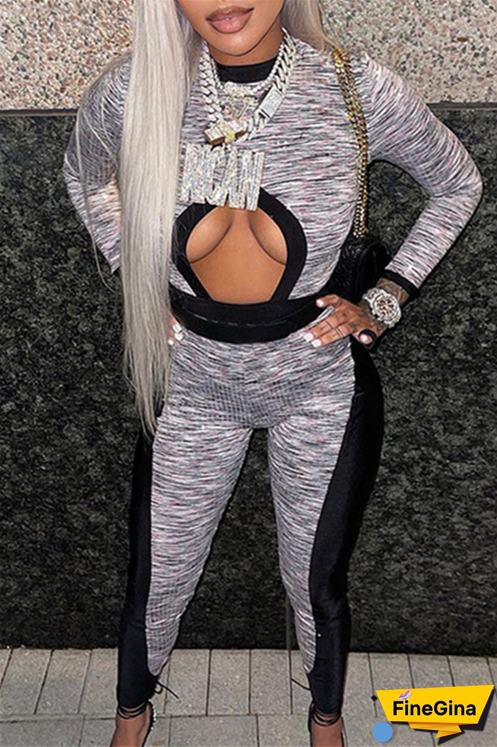 Grey Sexy Casual Patchwork Hollowed Out O Neck Long Sleeve Two Pieces