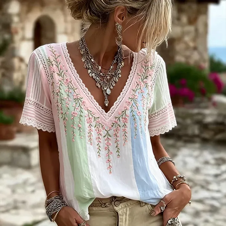 Women's Pink Floral And Lace Art Embroidery Spliced Comfortable Cotton Linen Short Sleeve V-neck Top