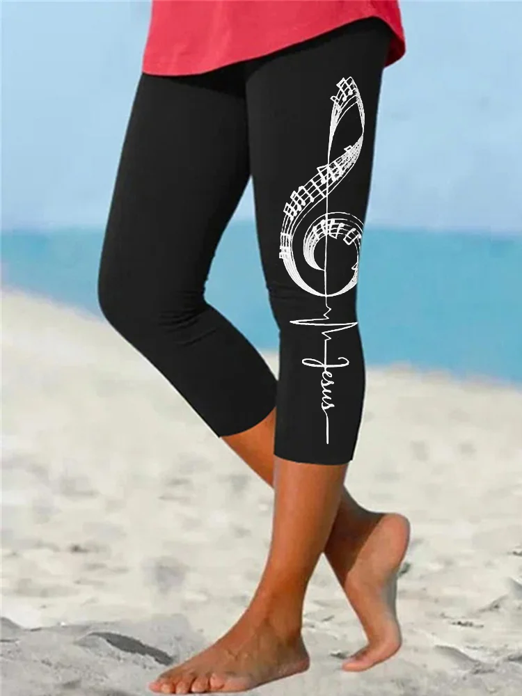 Music Notes Jesus Cross Clef Cropped Leggings