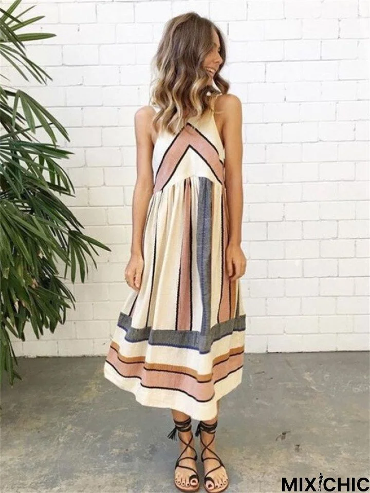 Summer Printed Sleeveless Art Stripe Jumpsuit Long Skirt