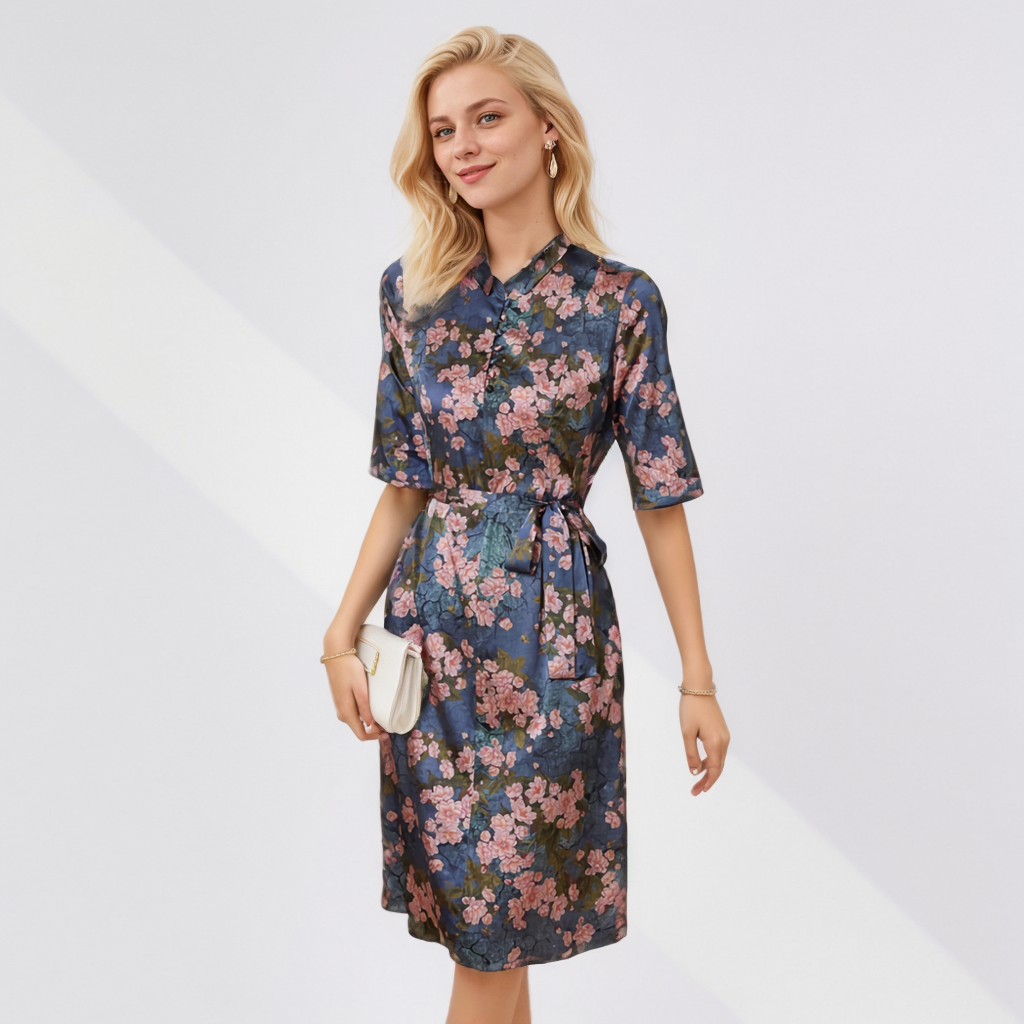 Blue Silk Dress With Adjustable Waist Fo Office Lady REAL SILK LIFE