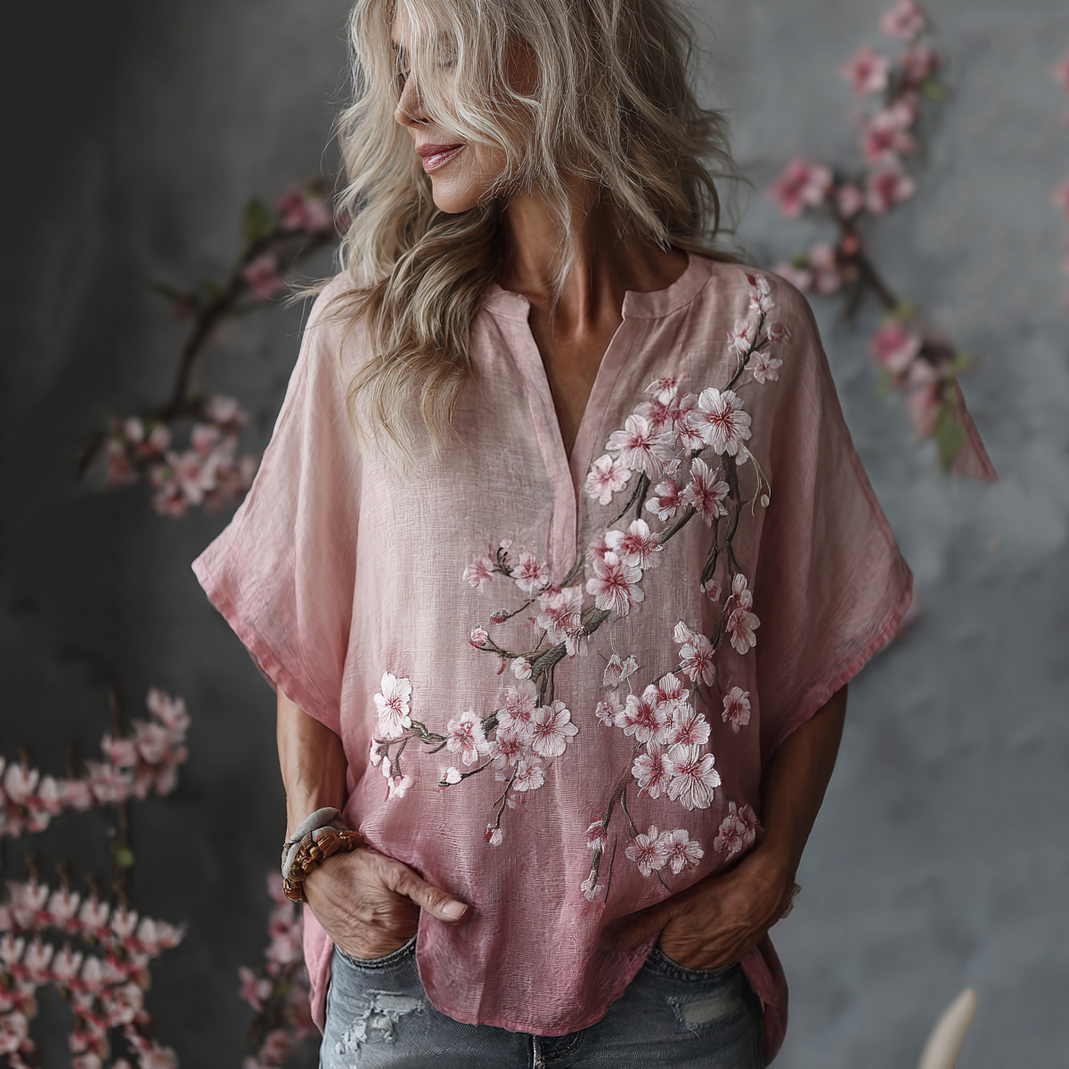 Vintage Sakura Flower Embroidered Short Sleeve Linen Shirt