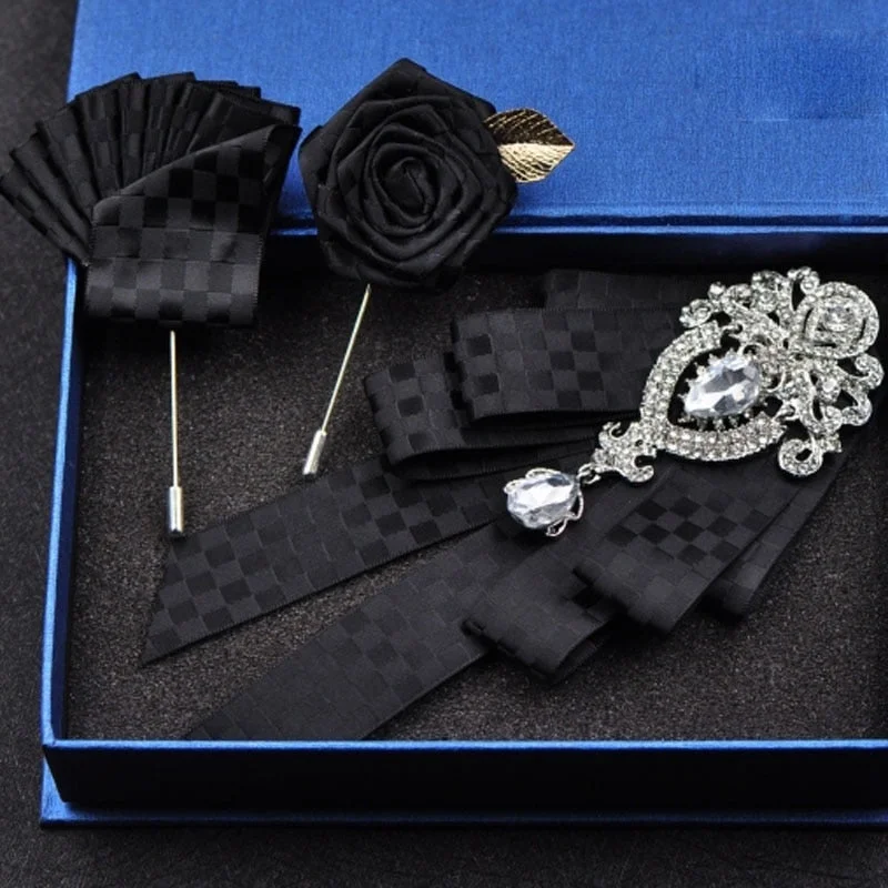 High-quality Fashion Handmade Red Diamond Bow Tie Wedding Collar Bowtie Brooch Pocket Towel Square Set Gifts for Men Accessories