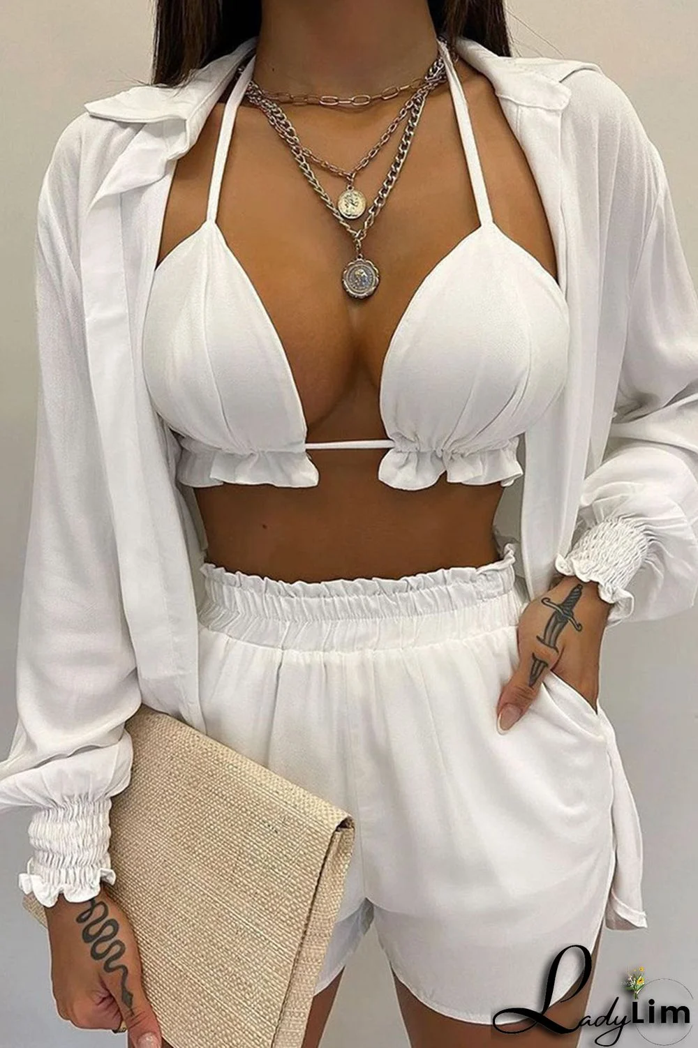 White Sexy Print Patchwork Turndown Collar Long Sleeve Three Pieces