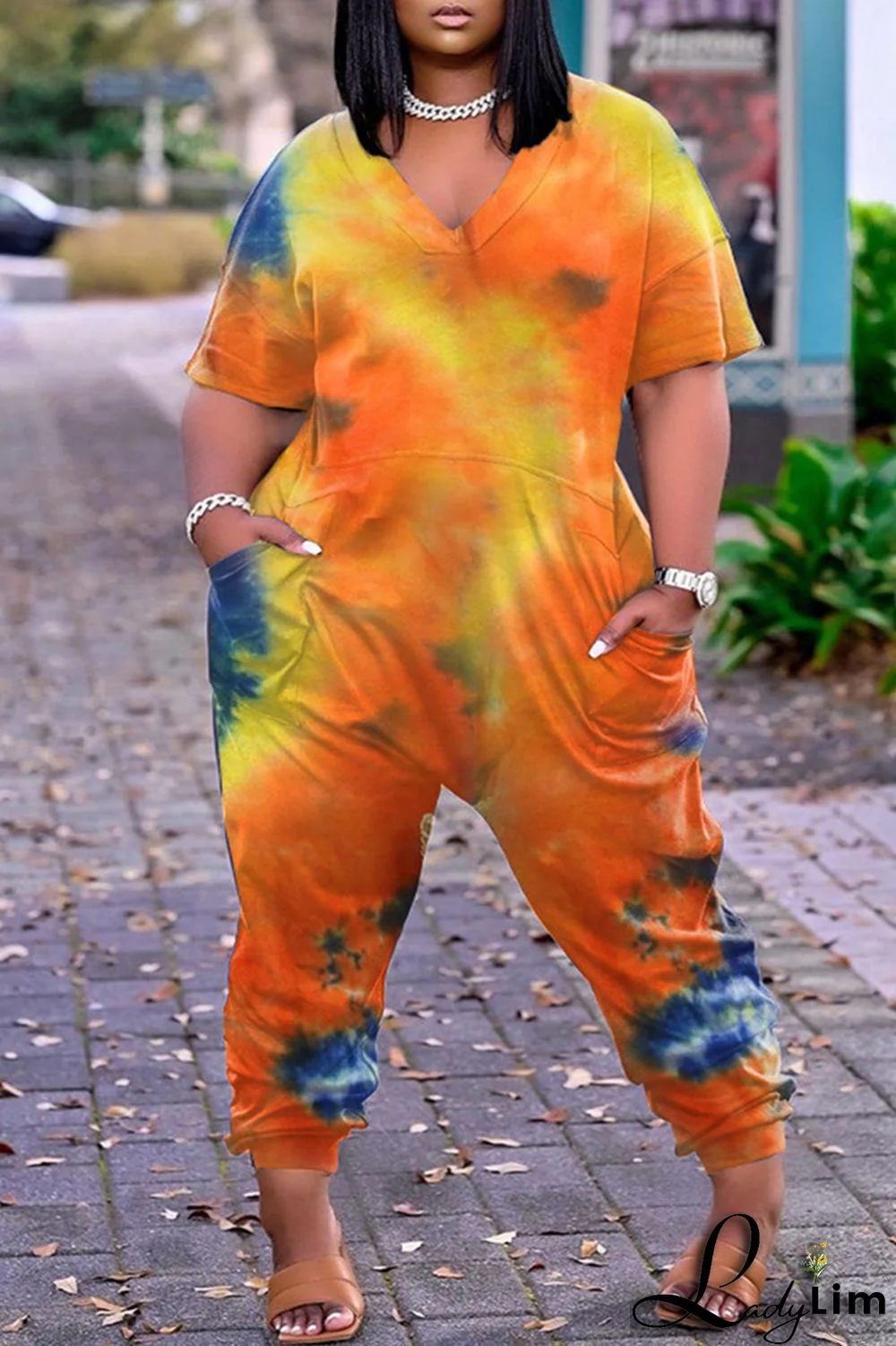 Orange Fashion Casual Print Tie Dye Patchwork V Neck Plus Size Jumpsuits