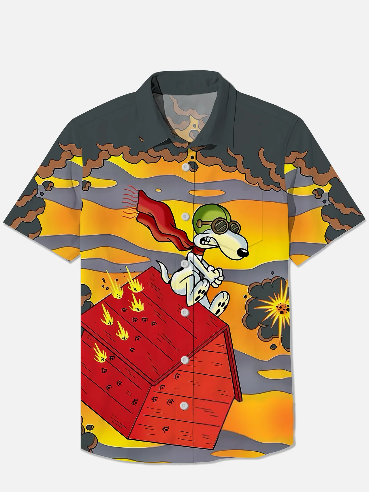 Nostalgia Cartoon Dog And Red Hut Under Fire Printing Breast Pocket Short Sleeve Shirt PLUSCLOTHESMAN