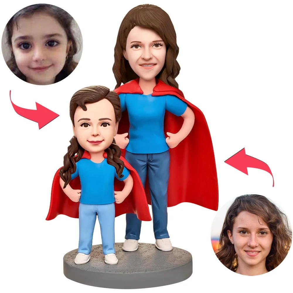 Mothers Day Gift Super Mother and Daughter Custom Bobblehead with Engraved Text