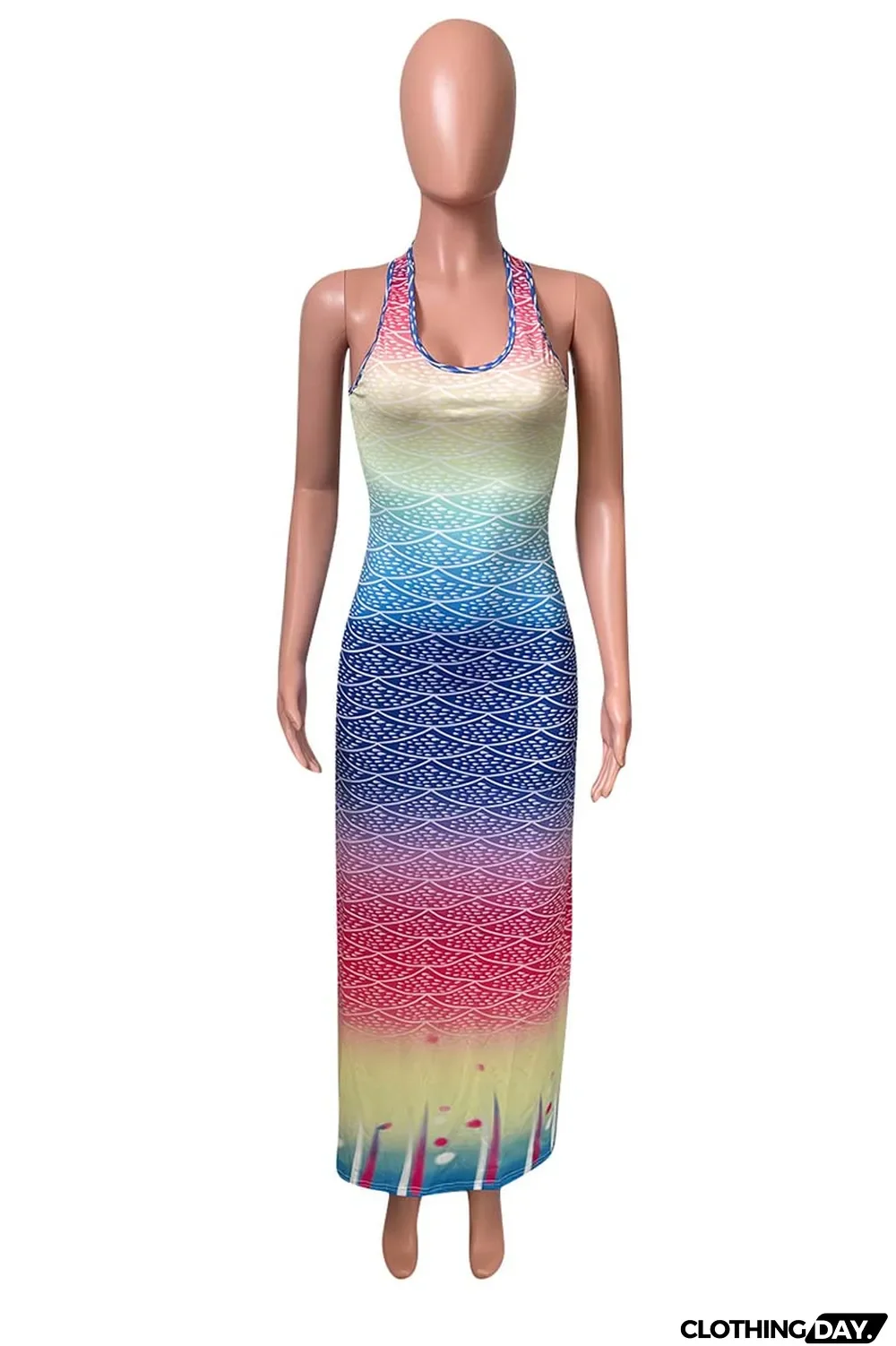 Blue Fashion Sexy Gradual Change Print Basic U Neck Vest Dress