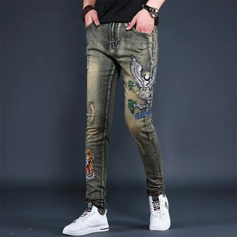 Cricsball Man Cowboy Pants with Holes Torn Men's Jeans Ripped Trousers Broken Slim Fit Tight Pipe Vintage Embroidery Skinny Graphic Xs Y2k
