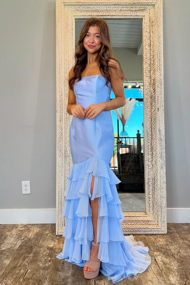 Strapless Sleeveless Mermaid Split Long Prom Dress With Ruffles XJ0339