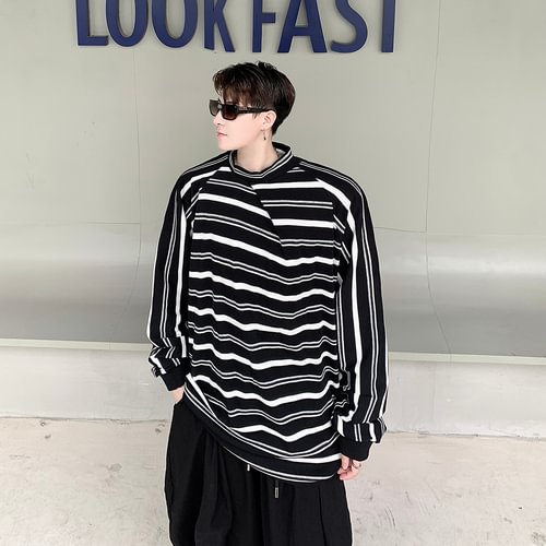 Dawfashion-Dark Striped Fashion Half Turtleneck Sweater All-match Bottoming Shirt-Yamamoto Diablo Clothing