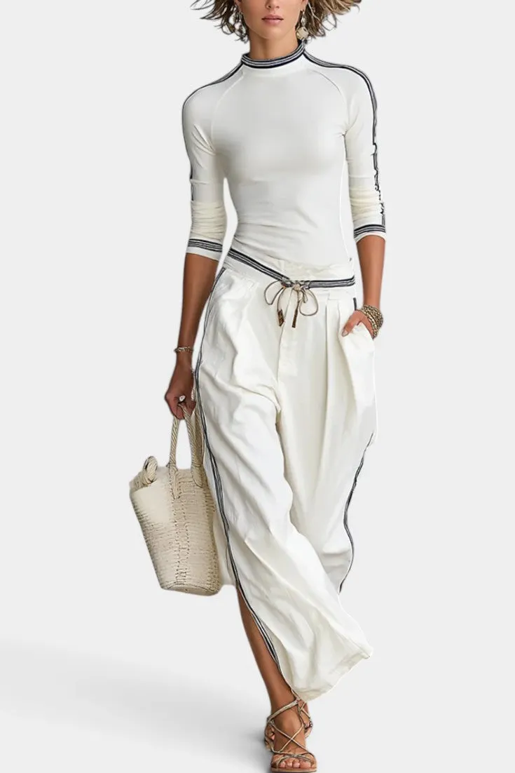 High Neck Top with Striped Trim & Wide Leg Pants Set