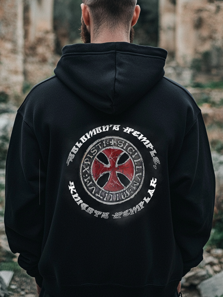 Templar Cross Seal Distressed Medieval Warrior Design Totem Retro Unisex Casual Sports Hoodie