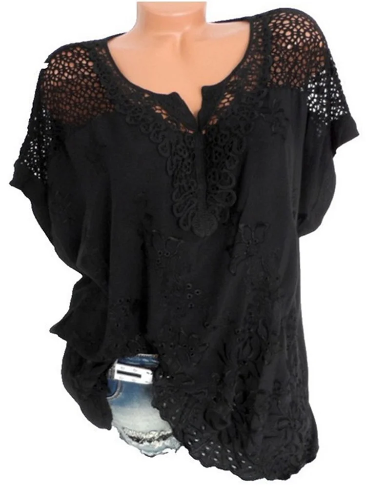 Floral Embroidered V Neck Hollow Out Batwing Sleeve Blouse