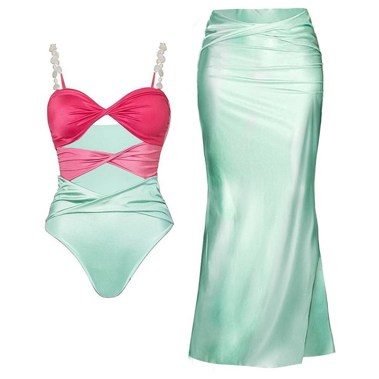 Flaxmaker Pearl Shoulder Strap Cutout Shiny Texture One Piece Swimsuit and Skirt (Shipped on Sep 30th)