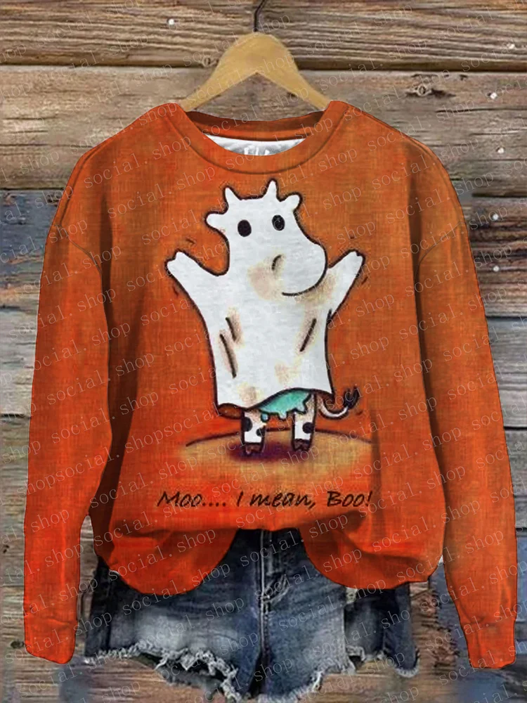 Women's Halloween Moo I Mean, Boo! Cow Ghost Crew Neck Sweatshirt socialshop