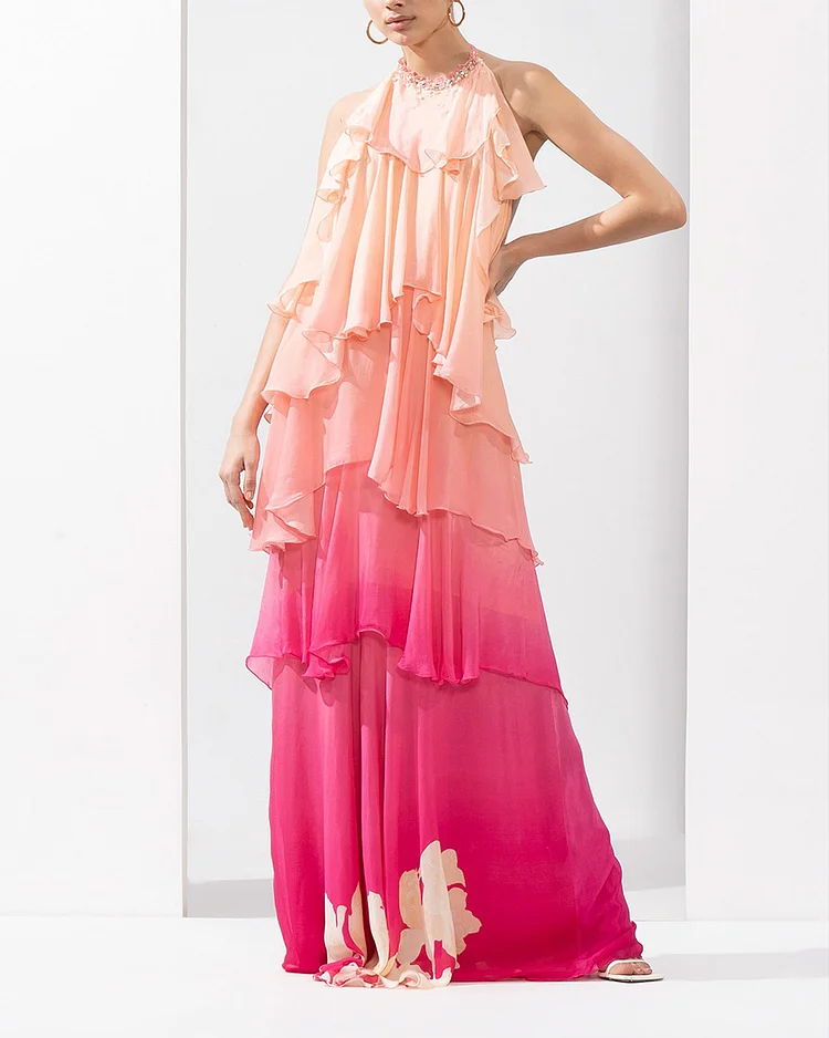 Pink Chiffon Ombre Halter Neck Tiered Gown