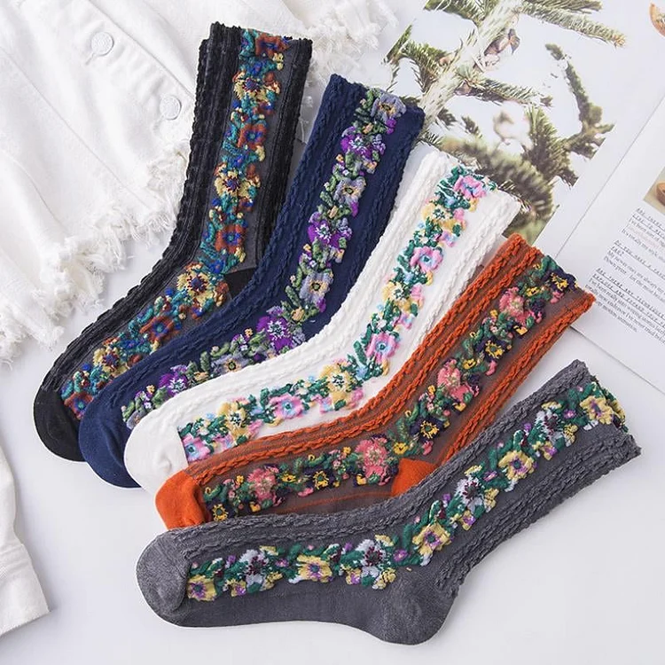 (5 pairs) Retro embroidered floral socks, mid-length cotton socks