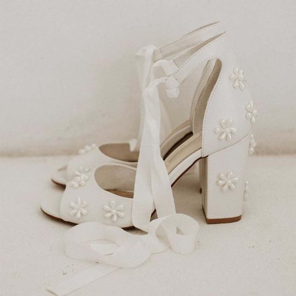 Full White Peep Toe Sandals Ankle Strap Chunky Heels with Pearl Decor Nicepairs
