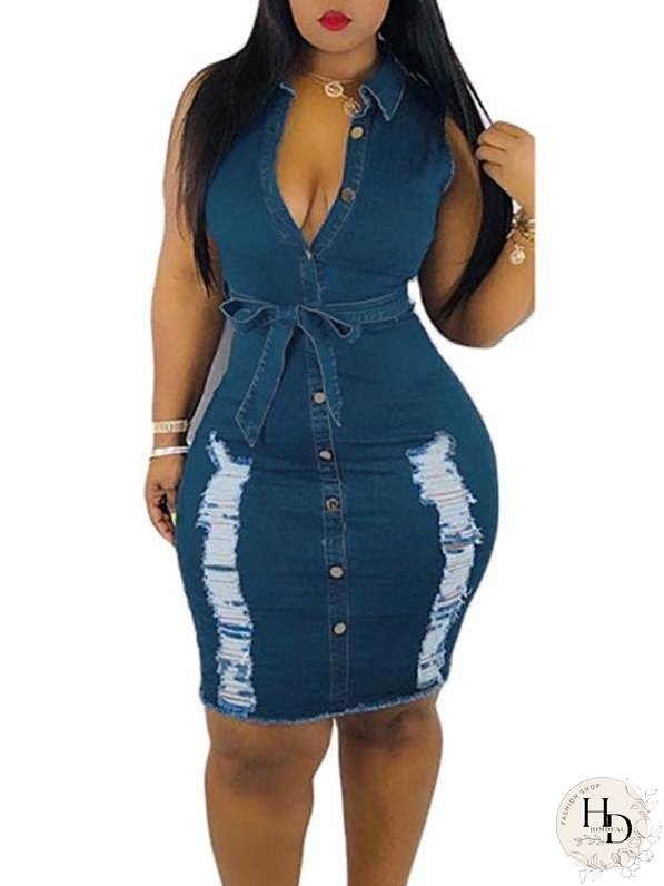 Distressed Denim Button Sleeveless Frayed Mini Dress With Belt for Women