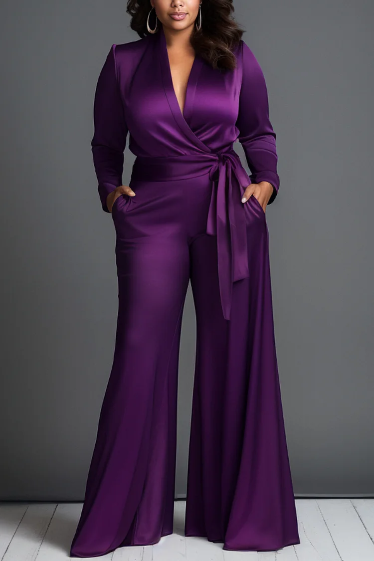 Xpluswear Design Plus Size Formal Purple V Neck Long Sleeve Wrap Elegant Pocket Satin Jumpsuits [Pre-Order]