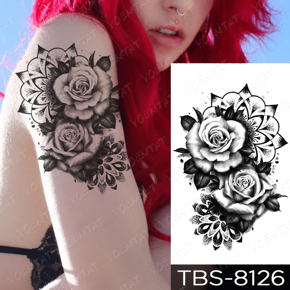 Gingf Temporary Tattoo Sticker Rose Wolf Flower Flash Tattoos Bird Pink Mandala Henna Body Art Arm Fake Tatoo Women Men