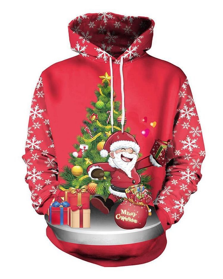 Mayoulove Santa Claus With Christmas Gifts Tree Printed Pullover Red Hoodie-Mayoulove
