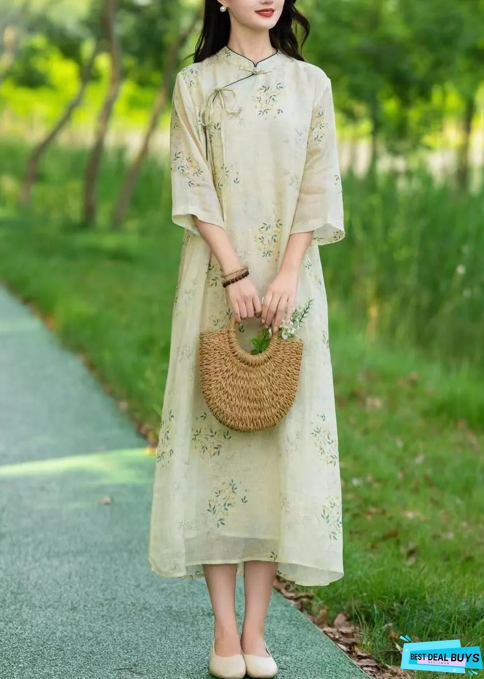 Vintage Beige Stand Collar Print Patchwork Linen Long Dresses Summer