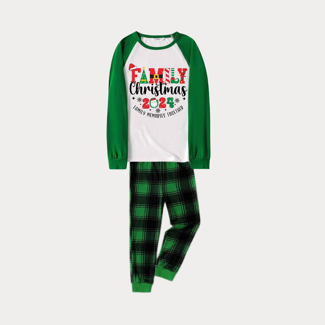 Family Christmas 2024 Family Memories Together Print Long Sleeve Top With Green & Black Plaid Christmas Family Matching Pajamas
