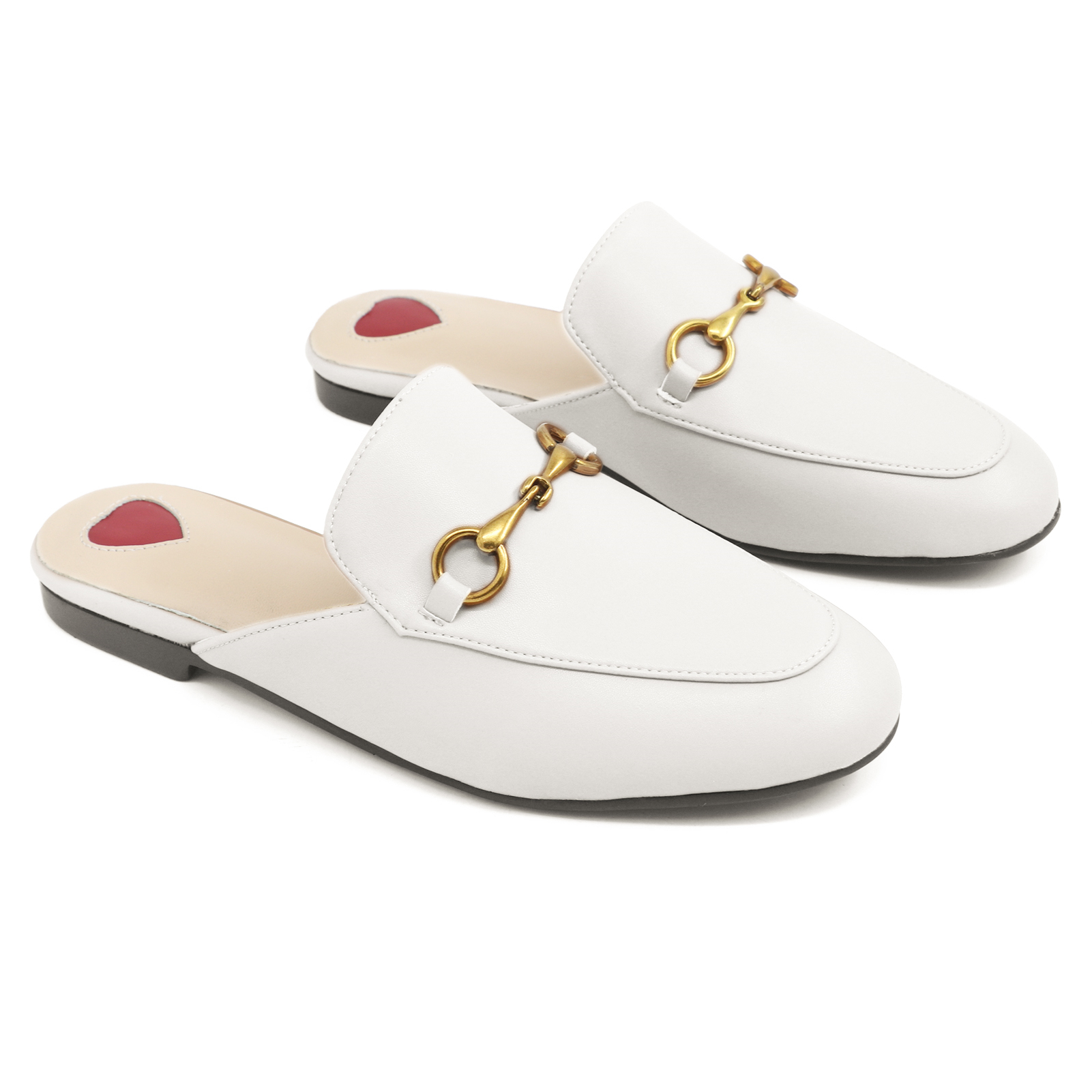 Red Heart Buckle White Mules Shoes-vocosishoes