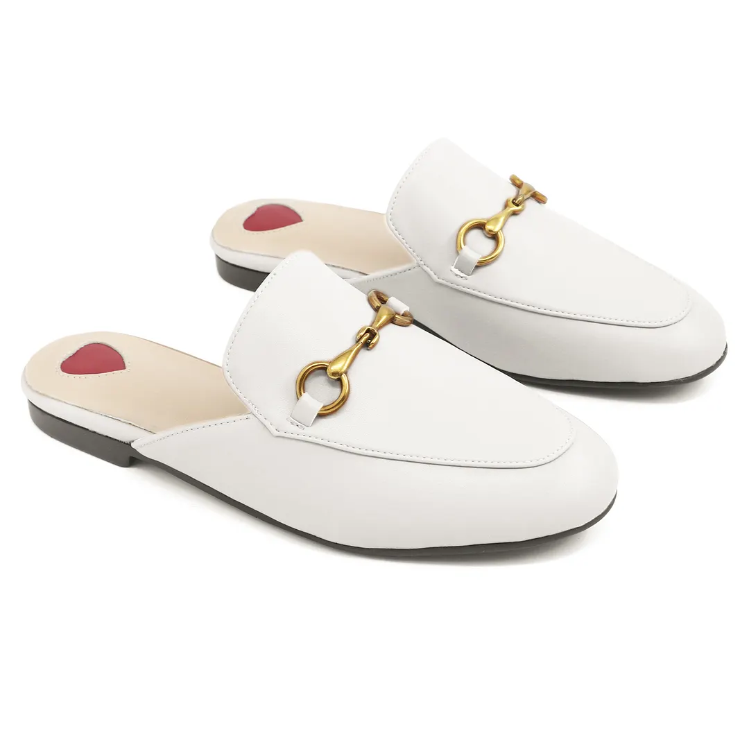 Red Heart Buckle White Mules Shoes-vocosishoes
