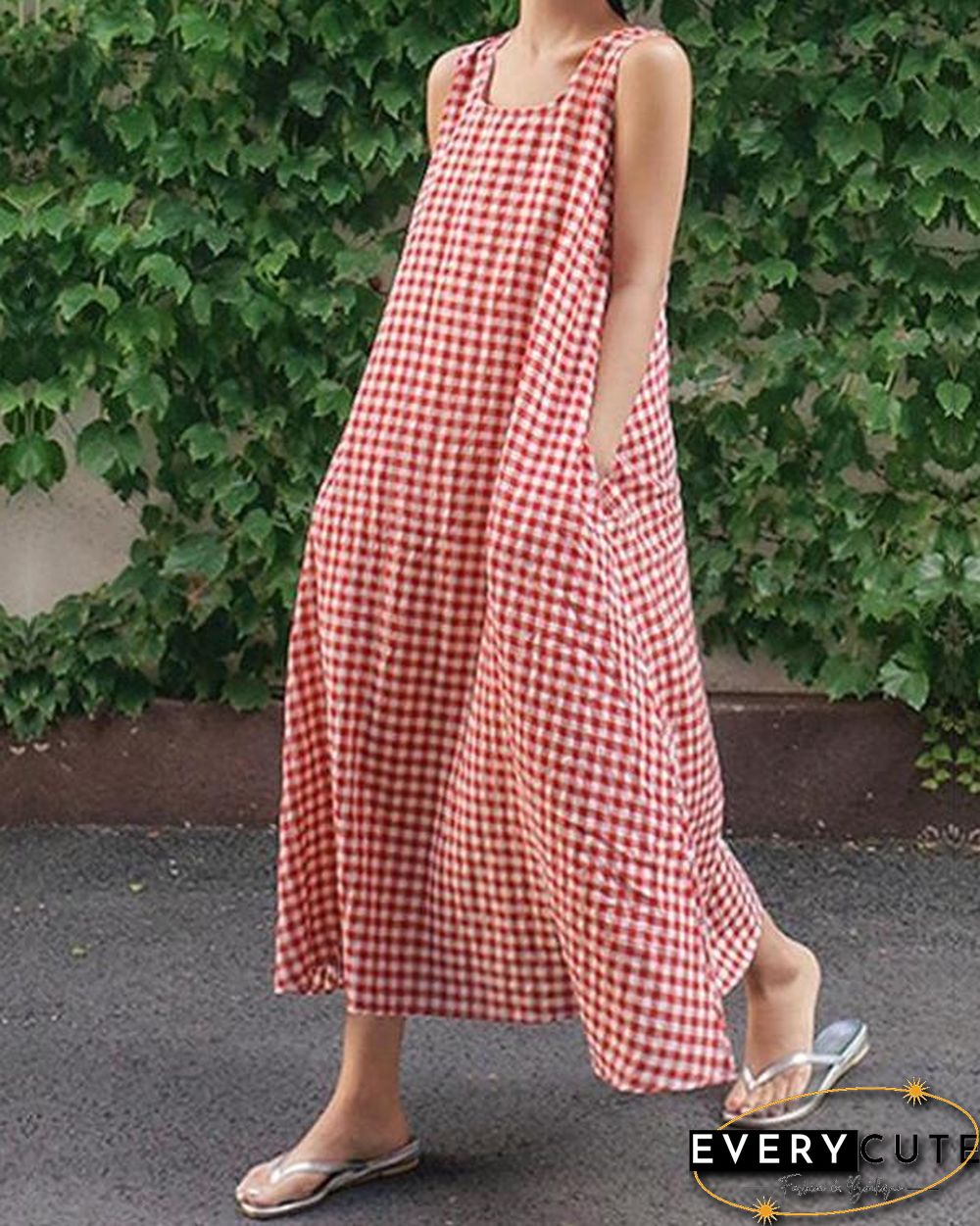 Women Casual Sleeveless Plaid Side Pocket Loose Maxi Dress