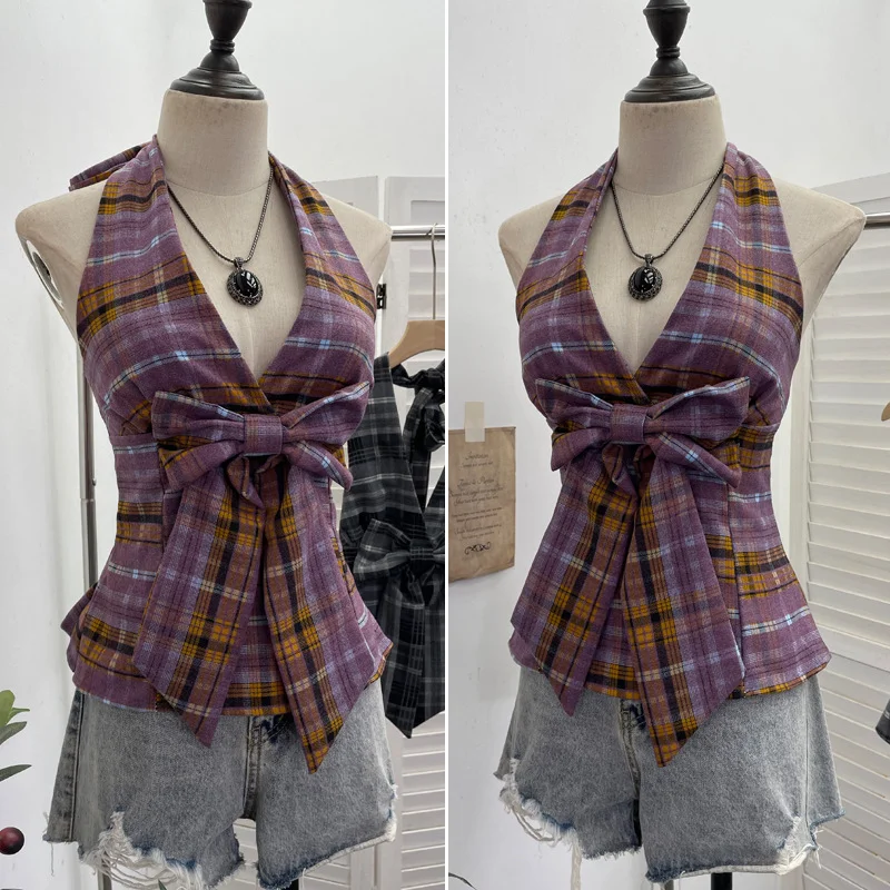 Nigikala Nigikala New Bow Design V-Neck Sexy Hanging Neck Sling Vest Sleeveless Top 9237