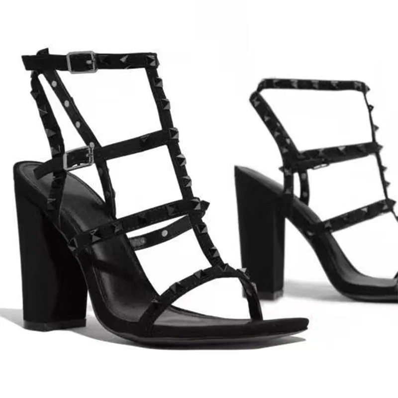 Women Sexy Sandals Rivet Buckle Strap Open Toe Thick High Heels Ladies Shoes Fashion Plus Size Footwear 2021 Shoe Summer Party